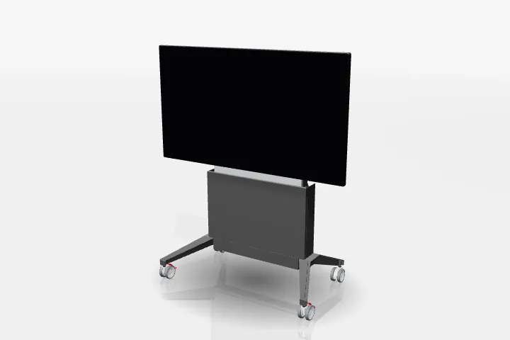 A mobile display cart with a flat panel display on a dark base